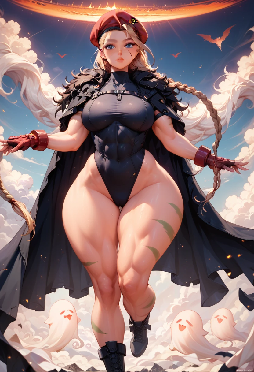 A woman, smooth skin, white skin, big eyes, small torso, huge ass, plump ass, Wide hips, fleshy legs, thick thighs, muscular legs, (The best quality), masterpiece, fantasy, ghost, tall, Cammy White, flirtatious look, sensual, (She is wearing an old leather cloak that covers her entire body along with a gas mask that covers her face.) , She carries a backpack on her back, (ultra high Bloom), (high-contrast), (High quality Shaders), (shadows), (Ultra shadow quality), (hyperrealism), (She is in a fantasy medieval city),