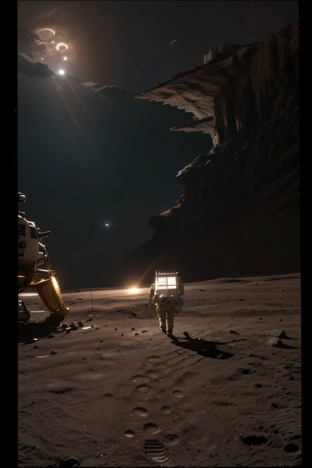 a lunar module landing on the surface of the moon, highly detailed 8k, photorealistic, cinematic lighting, dramatic, epic scale, realistic space shuttle, lunar rover, astronaut walking on the moon, American flag, craters, rocky terrain, Earth visible in the background, dramatic shadows, vivid colors