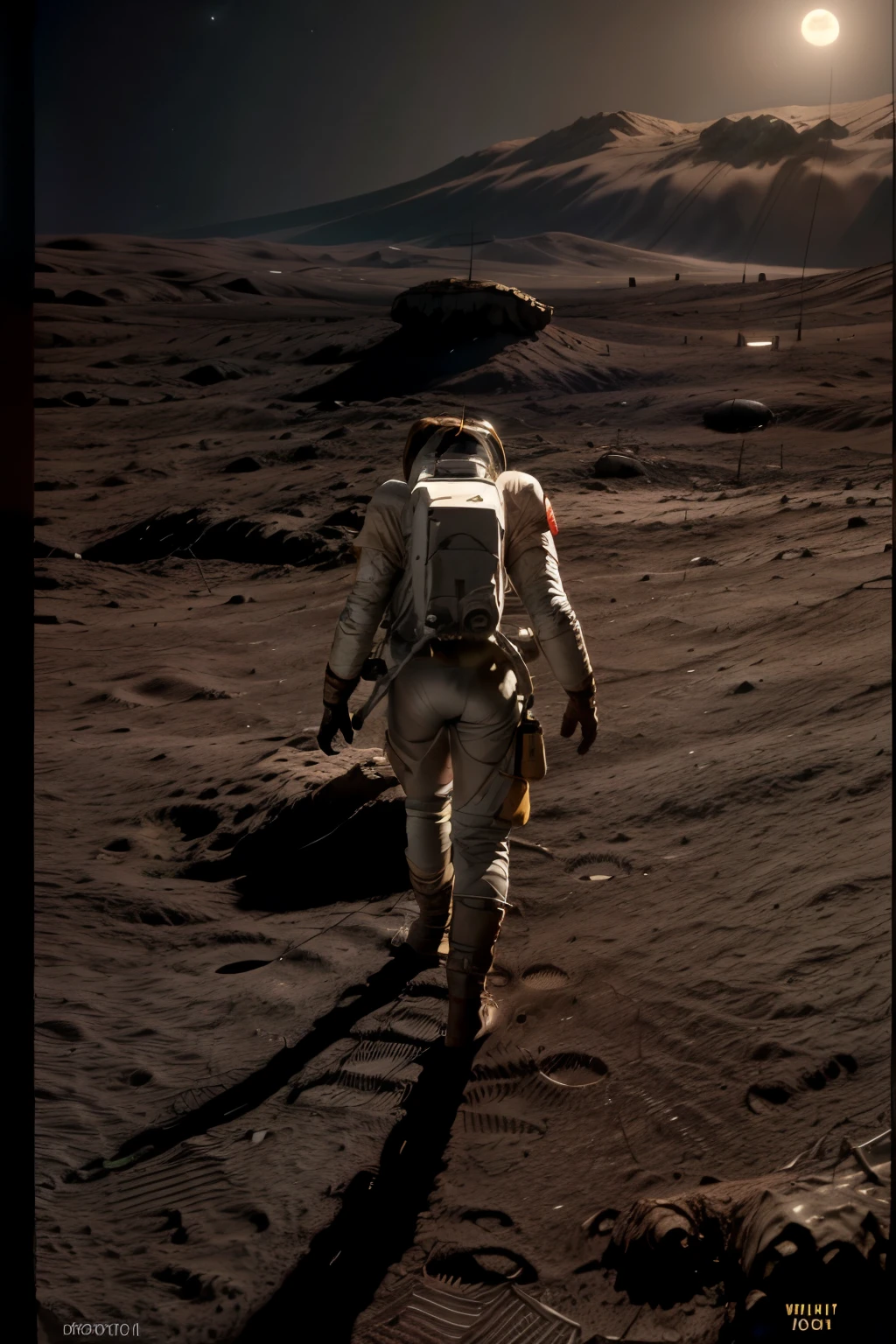 A woman in a sexy and tight suit that shows her beautiful sexy body. The astronaut is on the moon analyzing the ground and in the background is the planet Earth and in front of her there is a giant crater.