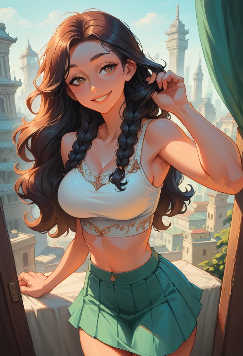 anime, 28 year old woman, taking a selfie, mischievous smile, long hair, Dark hair color, Elegant hairstyle, side hair long lush hair, long curls of hair pulled to the sides, Braids inside the hair, curvy body, proportional body, sexy girl,  mature and beautiful, lovely character, crop top, short skirt, Clarity, detailed, detailed face, very detailed drawing, smile, seductive look, city background, saturated background, Perfect composition, perfect cinematic volumetric natural soft light, masterpiece