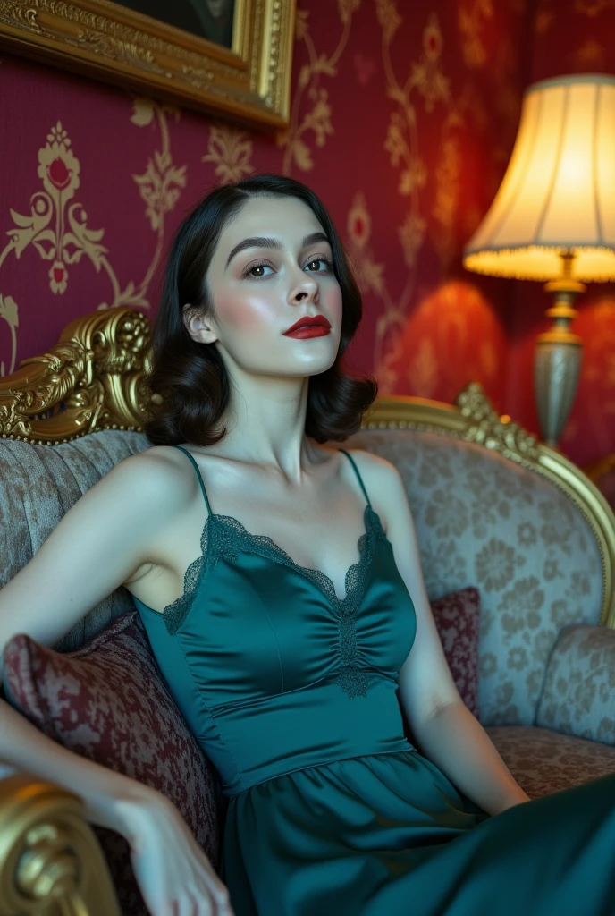 (She is visibly aroused by the viewer) on the edge of an organism, mouth open seductively flirting, a surreal, luxurious image of a woman sitting elegantly on a lavish, baroque-style couch with ornate golden carvings. She is dressed in a flowing, teal dress with delicate lace details that catch the soft ambient light. Her dark brunette hair is styled in long waves, framing her pale, freckled ethereal face. The room around her is richly decorated, with heavy velvet curtains in a deep crimson hue and walls adorned with intricate, golden floral patterns. A vintage lamp casts a warm glow, contrasting with the cool blue light that illuminates her. The scene has a cinematic, dreamlike quality, with subtle hints of abstraction—the colors appear rich and saturated, giving the room an almost otherworldly atmosphere. In the background, a mysterious, shadowy painting hangs on the wall, adding a sense of intrigue. 