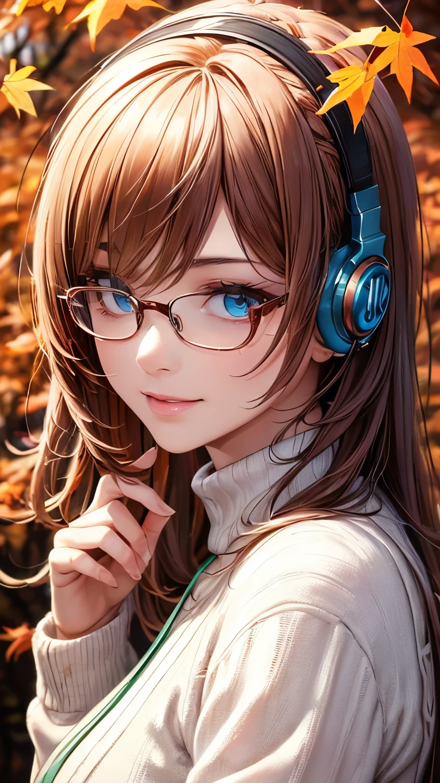 Megurine Luka,Pink long hair,((headphones,White turtleneck long sleeve knit,Light green cardigan,Red frame glasses)),((Clear blue eyes)),((4K,8k,CG Unity,Masterpiece,masterpiece,Best Quality:1.5)),Official image,Perfectly correct anatomy,((Realistic:1.2)),Bust Up,((Looking at the camera with a gentle smile:1.17)),((Look Back)),The most beautiful woman in the world,A soothing expression,Supermodel,Beautiful and detailed skin texture,Beautiful Lips,Very detailed acrylic painting,Very beautiful and smooth hair,Professional Lighting,Perfectly correct hand shape,Intricate details,((Beautiful background of falling autumn leaves)),Strong winds,Best fantasy art