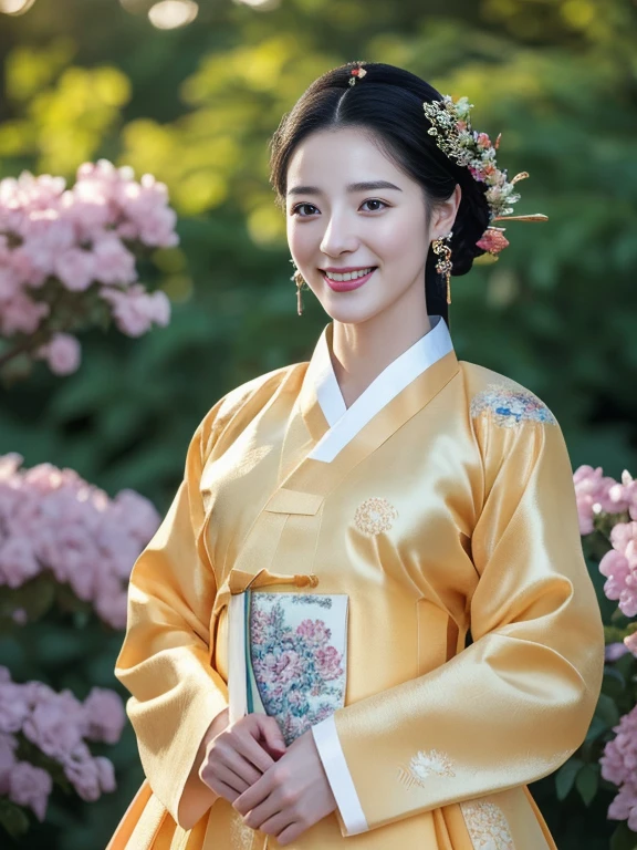 Woman wearing Chinese clothing,Upper body portrait,looking at viewer, Korean, 30 years-old, One of the three most beautiful women in the Korean, A beauty known all over the world, (light Black hair, beautiful lip, smile, earring ), (middle breasts, slender whist, wide hip ) ,(Silk Korean Hanbok clothing ,background wear color is blue), Royal cloth, Korean shoes ),　on garden , flower is Rose of Sharon , sunset, (masterpiece, highest quality, High resolution, Photo realistic, sharp, RAW Photos, 8k wallpaper, perfection, Professional Lighting, Very detailed)