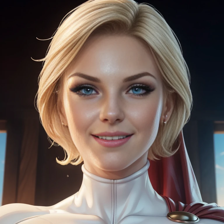 (best quality, 4K, masterpiece :1.3),, (Huge breasts, attractive body :1.2),  :1.3, short blonde hair: 1.2, ((sweaty body  :1.2), ultra-detailed face, detailed lips, detailed eyes, double eyelid, wearing her iconic Powergirl leather outfit and cape.  his body was taken over by a villainous smile villainous body all at home 