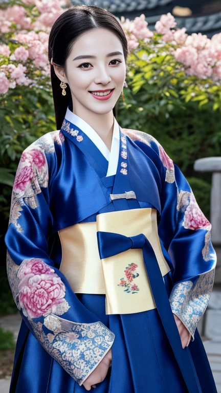 Woman wearing Chinese clothing,Upper body portrait,looking at viewer, Korean, 30 years-old, One of the three most beautiful women in the Korean, A beauty known all over the world, (light Black hair, beautiful lip, smile, earring ), (middle breasts, slender whist, wide hip ) ,(Silk Korean Hanbok clothing ,background wear color is blue:1.3), Royal cloth, Korean shoes ),　on garden , flower is Rose of Sharon , sunset, (masterpiece, highest quality, High resolution, Photo realistic, sharp, RAW Photos, 8k wallpaper, perfection, Professional Lighting, Very detailed)