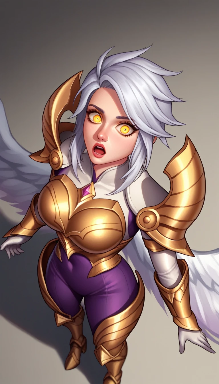 score_9, score_8_above, score_7_above, score_6_above, score_5_above, score_4_above, to break, KayleLoLXL, bright eyes, yellow eyes, long silver hair huge breasts , white wings, white armor, golden ornament armor, gold shoulder armor, arm armor, white gloves, white breastplate, purple jumpsuit, white leg armor, white armored boots, Alone, standing, his body was taken over by an enemy he was surprised that it worked touching himself 