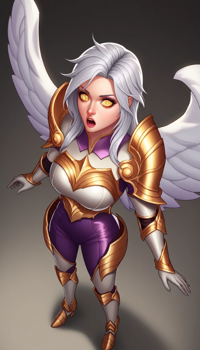 score_9, score_8_above, score_7_above, score_6_above, score_5_above, score_4_above, to break, KayleLoLXL, bright eyes, yellow eyes, long silver hair huge breasts , white wings, white armor, golden ornament armor, gold shoulder armor, arm armor, white gloves, white breastplate, purple jumpsuit, white leg armor, white armored boots, Alone, standing, his body was taken over by an enemy he was surprised that it worked touching himself 