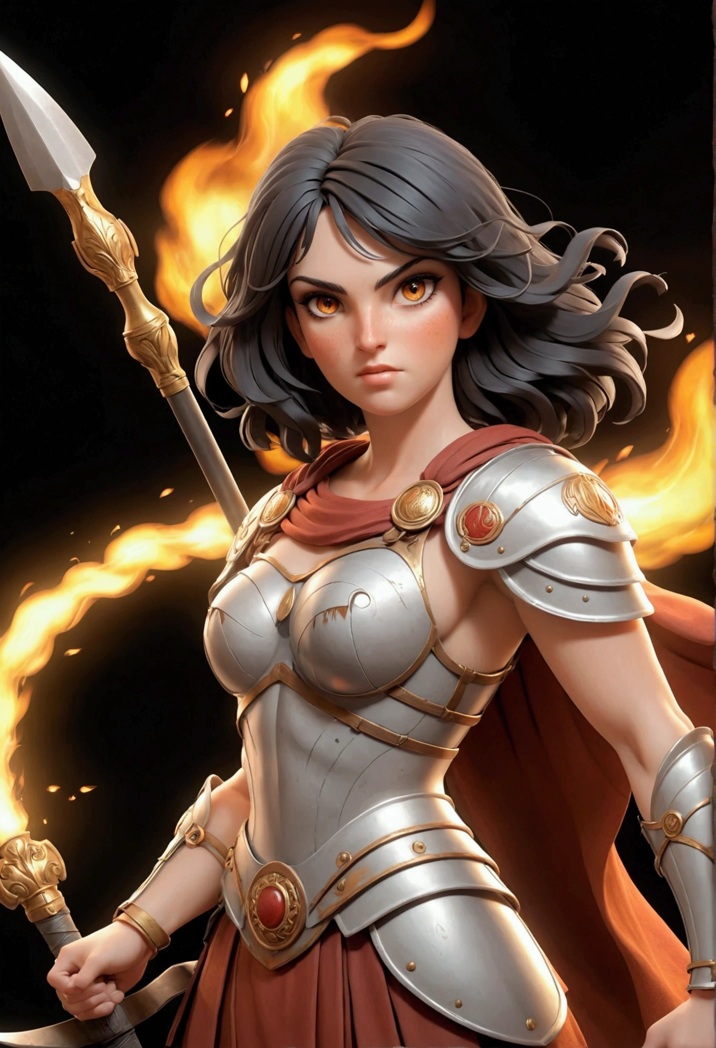 "Generates an image of Bellona, Roman goddess of war and victory, like a giant (10+ Meters) with fire-colored eyes, strong and determined face, full roman armor, long spear and round shield with emblem of Rome, on a dark and flaming background, Classical mythology style, dramatic lighting, full body, Classic features and fierce expression."