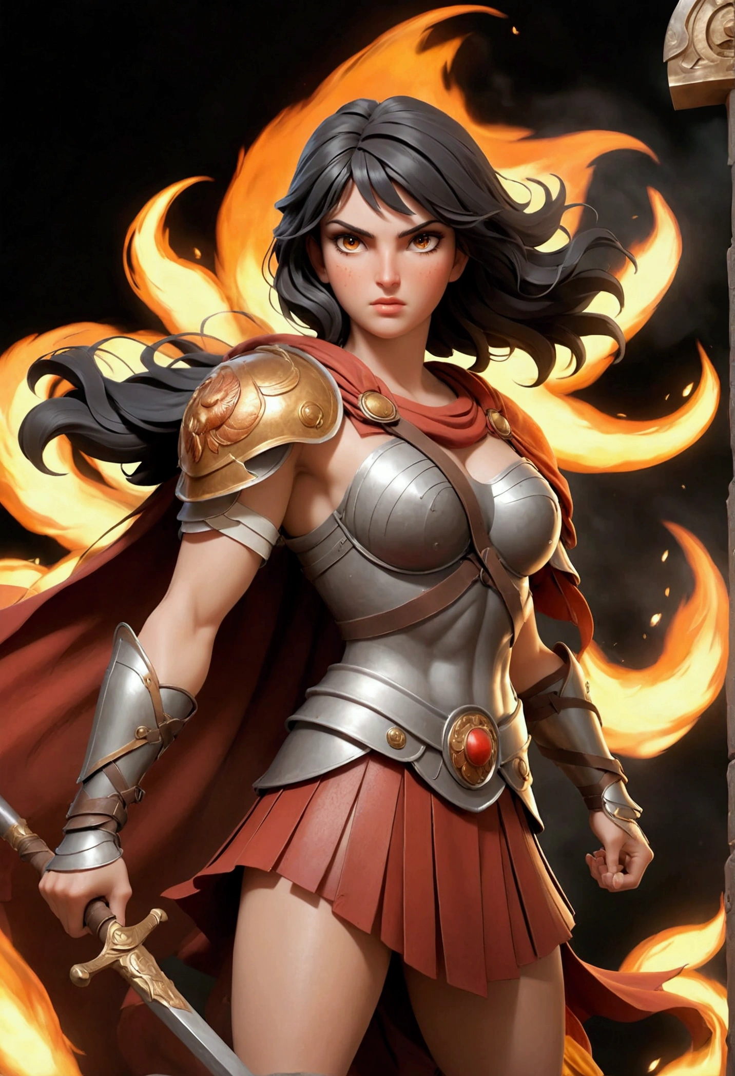 "Generates an image of Bellona, Roman goddess of war and victory, like a giant (10+ Meters) with fire-colored eyes, strong and determined face, full roman armor, long spear and round shield with emblem of Rome, on a dark and flaming background, Classical mythology style, dramatic lighting, full body, Classic features and fierce expression."