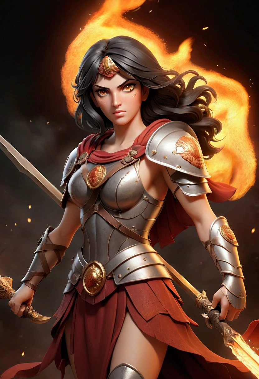 "Generates an image of Bellona, Roman goddess of war and victory, like a giant (10+ Meters) with fire-colored eyes, strong and determined face, full roman armor, long spear and round shield with emblem of Rome, on a dark and flaming background, Classical mythology style, dramatic lighting, full body, Classic features and fierce expression."