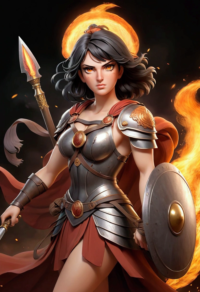 "Generates an image of Bellona, Roman goddess of war and victory, like a giant (10+ Meters) with fire-colored eyes, strong and determined face, full roman armor, long spear and round shield with emblem of Rome, on a dark and flaming background, Classical mythology style, dramatic lighting, full body, Classic features and fierce expression."