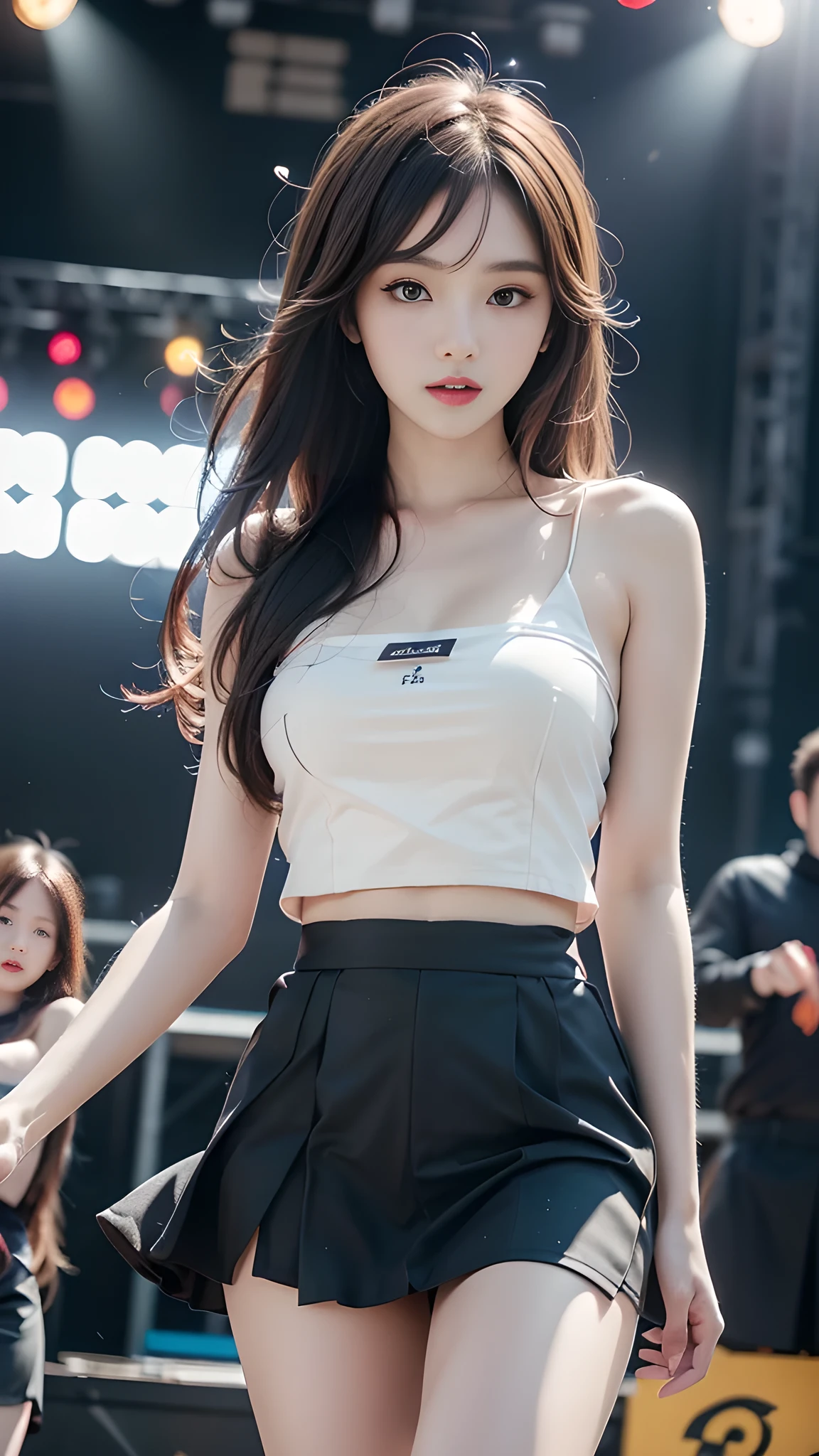 masterpiece、Flat Color、Depth of written boundary、Lens Flare 1 Girl、、Brown Hair、Staring at the audience bulging big breasts Armpit sweat sweating 両手のside wall: Black mini skirt garter belt sight Small face bangs over eyes side Mouse-colored eyes holster、Black patterned T-shirt
