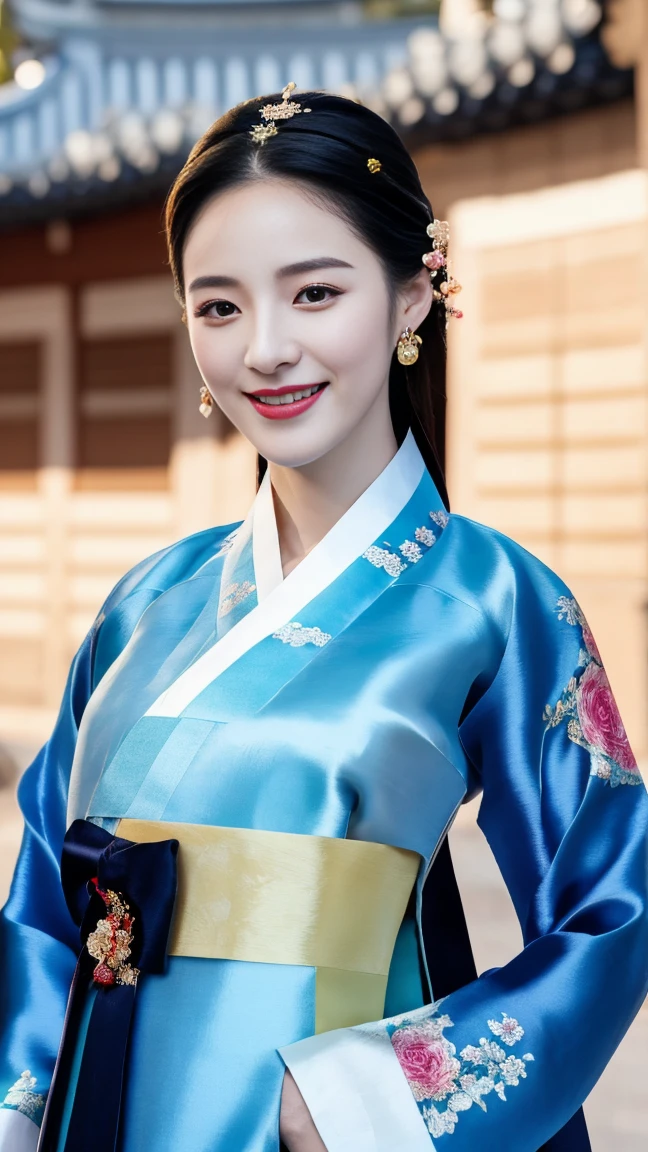 Woman wearing Chinese clothing,Upper body portrait,looking at viewer, Korean, 30 years-old, One of the three most beautiful women in the Korean, A beauty known all over the world, (light Black hair, beautiful lip, smile, earring ), (middle breasts, slender whist, wide hip ) ,(Silk Korean Hanbok clothing ,background wear color is blue:1.3), Royal cloth, Korean shoes ),　on garden , flower is Rose of Sharon , sunset, (masterpiece, highest quality, High resolution, Photo realistic, sharp, RAW Photos, 8k wallpaper, perfection, Professional Lighting, Very detailed)