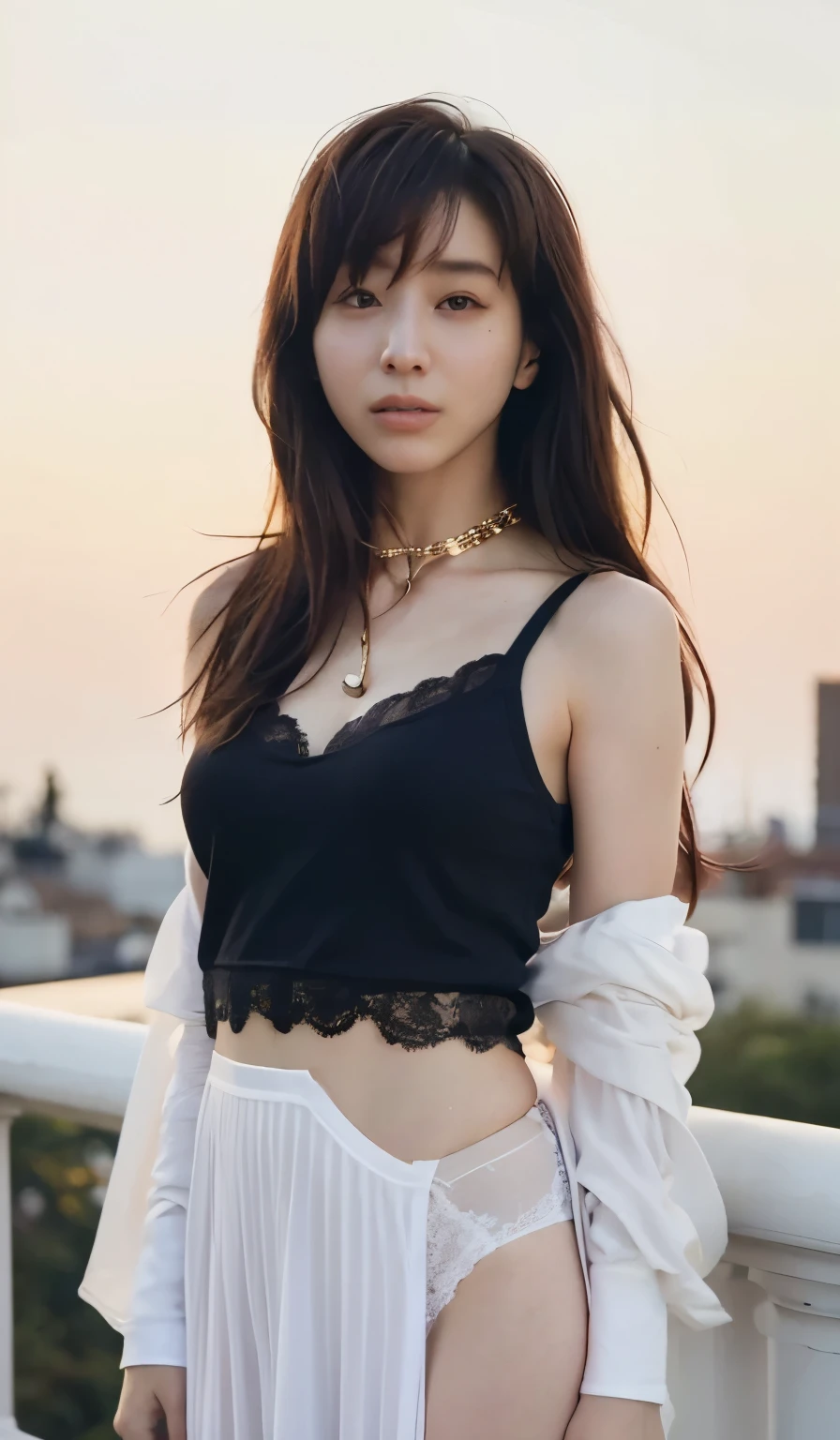 white shorts, breasts are visible, The wind lifted her skirt, firm ass, black lingerie