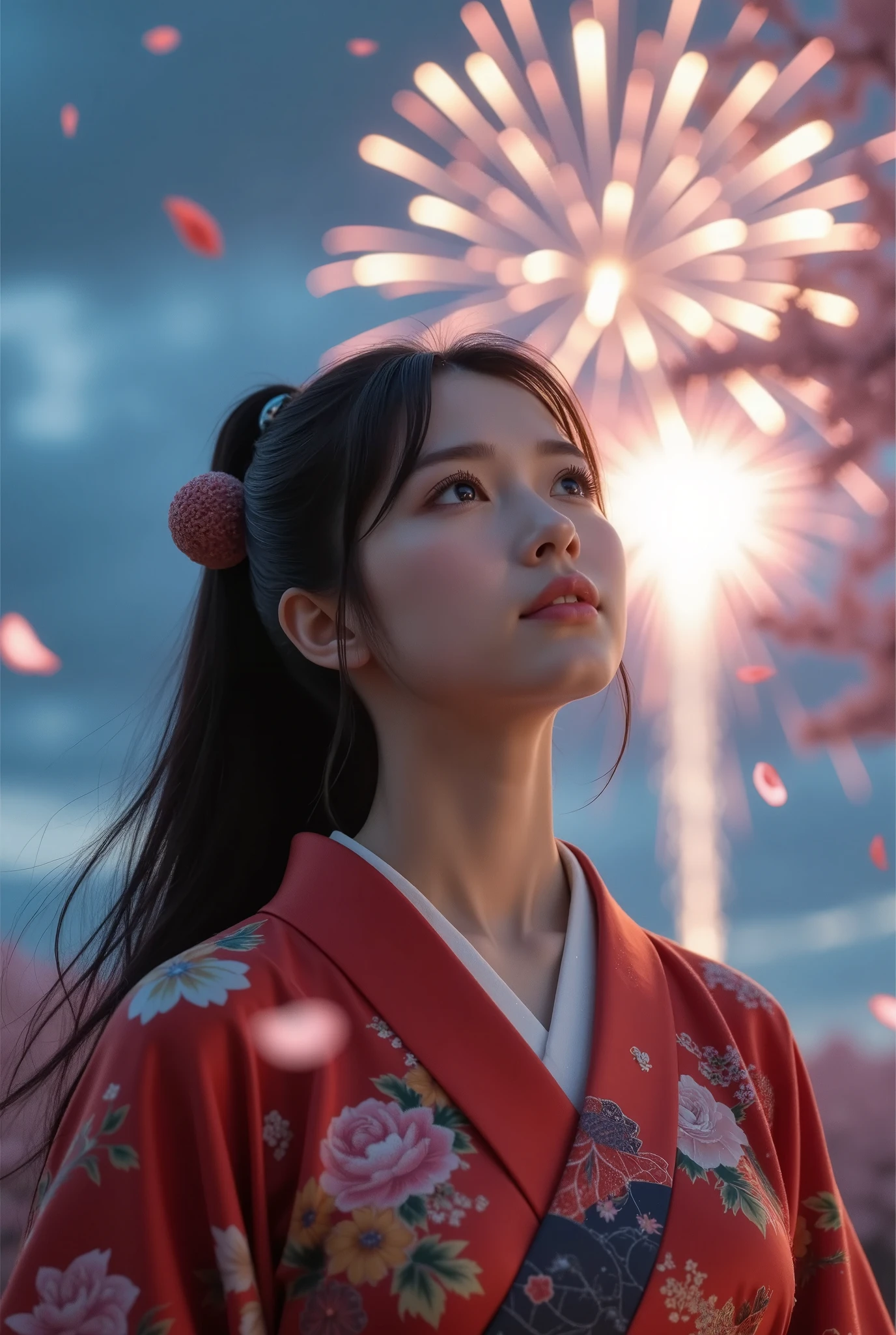 a beautiful japanese woman in traditional kimono, watching fireworks display at night, detailed face, long hair, cherry blossom petals, dynamic explosion effects, cinematic lighting, dramatic cloudy sky, vibrant colors, realistic, photorealistic, 8k, best quality, masterpiece