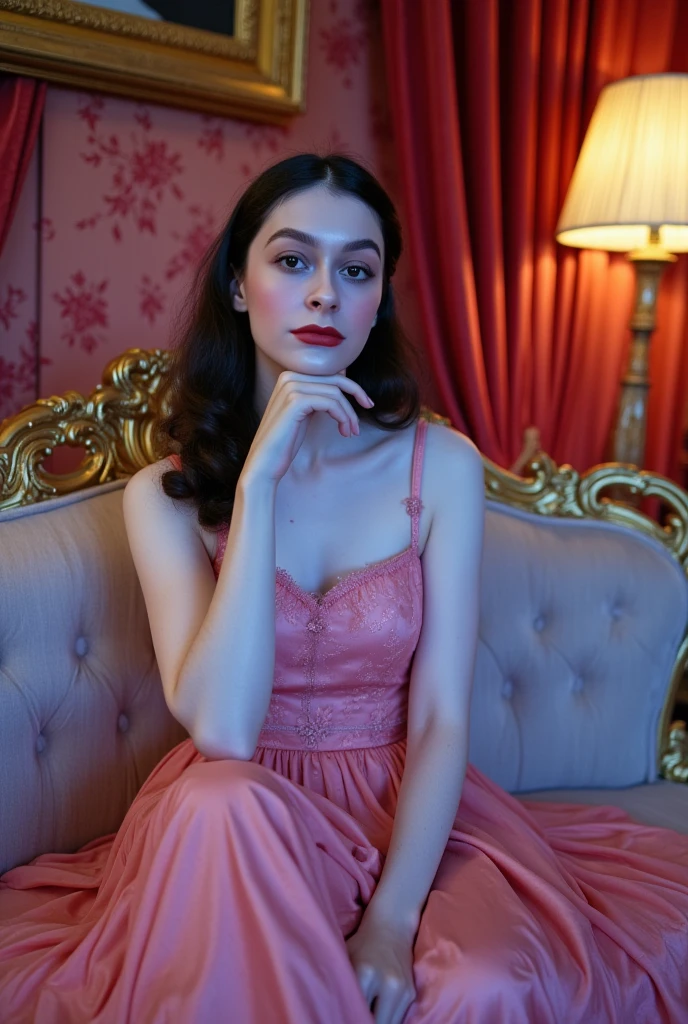 (She is visibly very aroused by the viewer and is anxiously excited), the scene is a surreal, luxurious image of a woman sitting elegantly on a lavish, baroque-style couch with ornate golden carvings. She is dressed in a flowing, pink dress with delicate lace details that catch the soft ambient light. Her dark brunette hair is styled in long waves, framing her pale, freckled ethereal face. The room around her is richly decorated, with heavy velvet curtains in a deep crimson hue and walls adorned with intricate, golden floral patterns. A vintage lamp casts a warm glow, contrasting with the cool blue light that illuminates her. The scene has a cinematic, dreamlike quality, with subtle hints of abstraction—the colors appear rich and saturated, giving the room an almost otherworldly atmosphere. In the background, a mysterious, shadowy painting hangs on the wall, adding a sense of intrigue.
