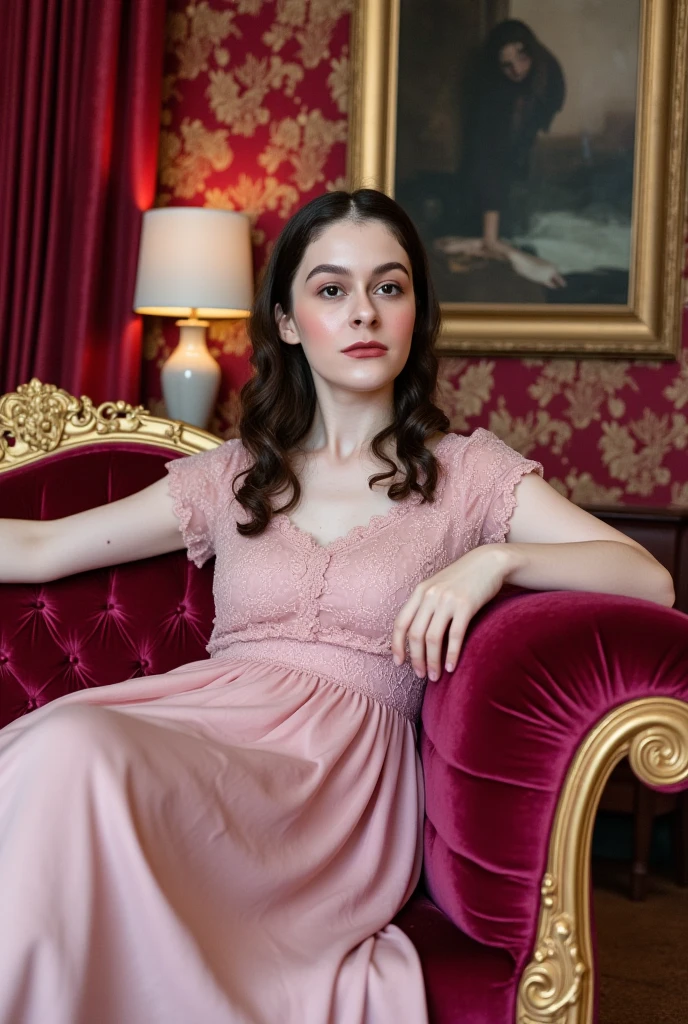 (She is visibly very aroused by the viewer and is anxiously excited), the scene is a surreal, luxurious image of a woman sitting elegantly on a lavish, baroque-style couch with ornate golden carvings. She is dressed in a flowing, pink dress with delicate lace details that catch the soft ambient light. Her dark brunette hair is styled in long waves, framing her pale, freckled ethereal face. The room around her is richly decorated, with heavy velvet curtains in a deep crimson hue and walls adorned with intricate, golden floral patterns. A vintage lamp casts a warm glow, contrasting with the cool blue light that illuminates her. The scene has a cinematic, dreamlike quality, with subtle hints of abstraction—the colors appear rich and saturated, giving the room an almost otherworldly atmosphere. In the background, a mysterious, shadowy painting hangs on the wall, adding a sense of intrigue.
