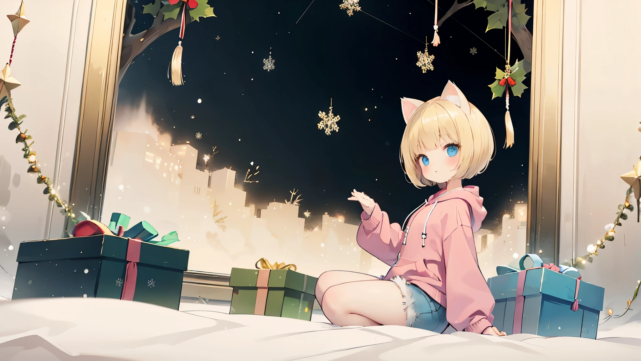  from a distance, (distant view:1.8), (dynamic angle:1.8), dynamic pose, Blonde hair, (Graduation short hair:1.6), a girl in a pink hoodie, Christmas art style, Christmas theme, Christmas celebration, Christmas atmosphere, Christmas scene, Christmas night, detailed art in color, , Christmas wallpaper with reindeer, large view, kawacy, holy night, maplestory, short hair, bright blue eyes, big white hair ornament, (Blonde cat ears:1.6), pink hoodie, denim shorts, black sneakers,