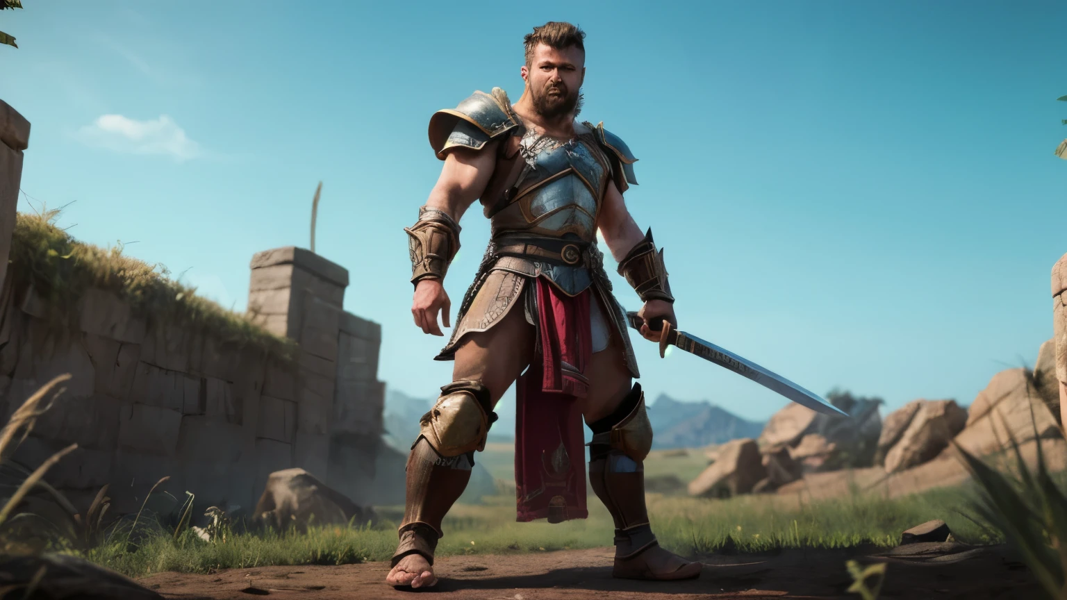 A gray-haired Roman centurion with no shirt A full body obese bodybuilder with a very sweaty body An extremely muscular and extremely fat old man over 70 years old weighing over 600 pounds Very muscular very hairy with large pecs with dark nipples and gynecomastia in a landscape of a Tuscan field with a stormy sky in the rain with a short leather skirt and brass details