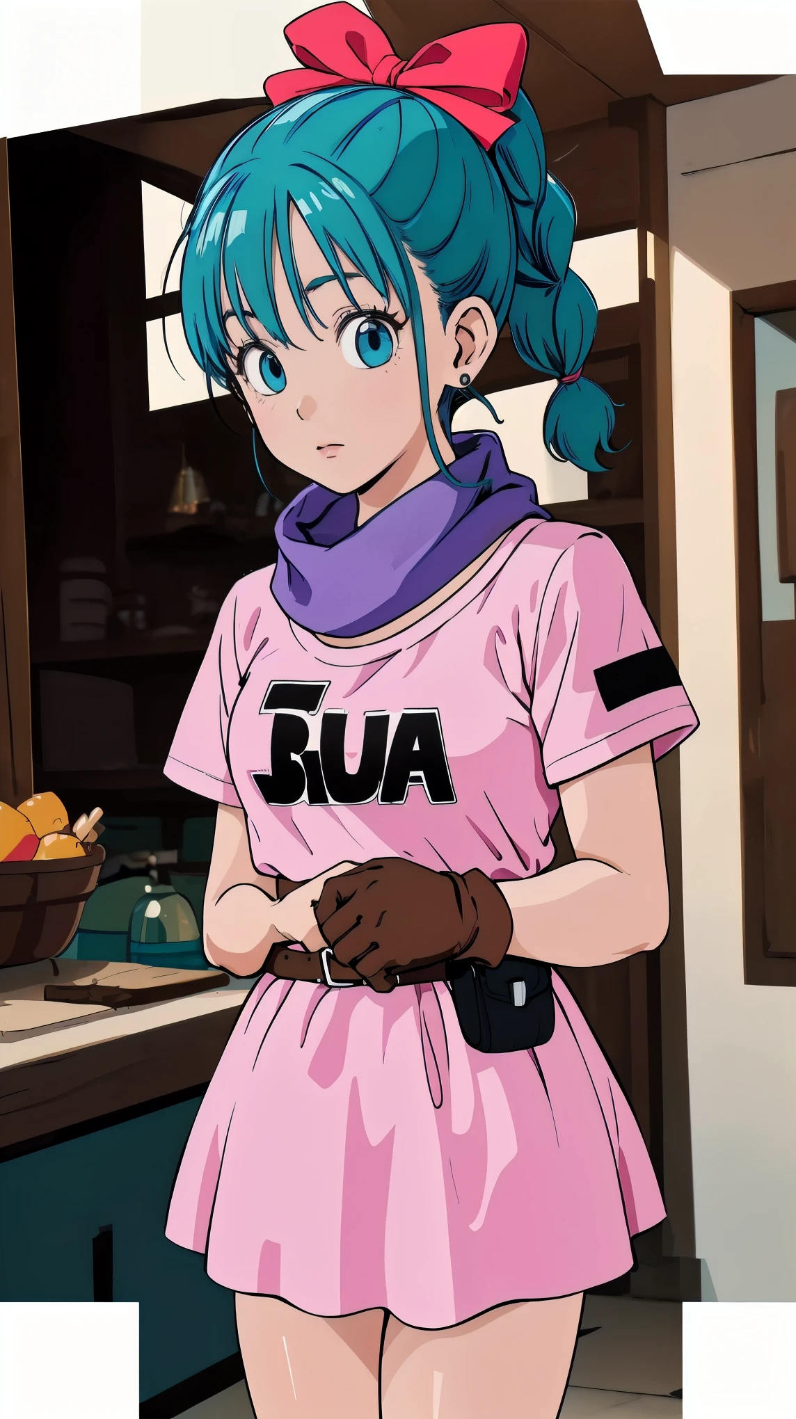 (masterpiece, Best Quality), One girl, Bloomers, One girl, Alone, blue eyes, Blue Hair, Aqua Hair, single braid, Braided Ponytail, hair ribbon, Red ribbon, Hair Ribbon, Earrings,, Short dress, Pink Dress, Vertical striped dress, Short sleeve, belt, clothes writing, Brown gloves, One-handed gloves, Purple scarf,