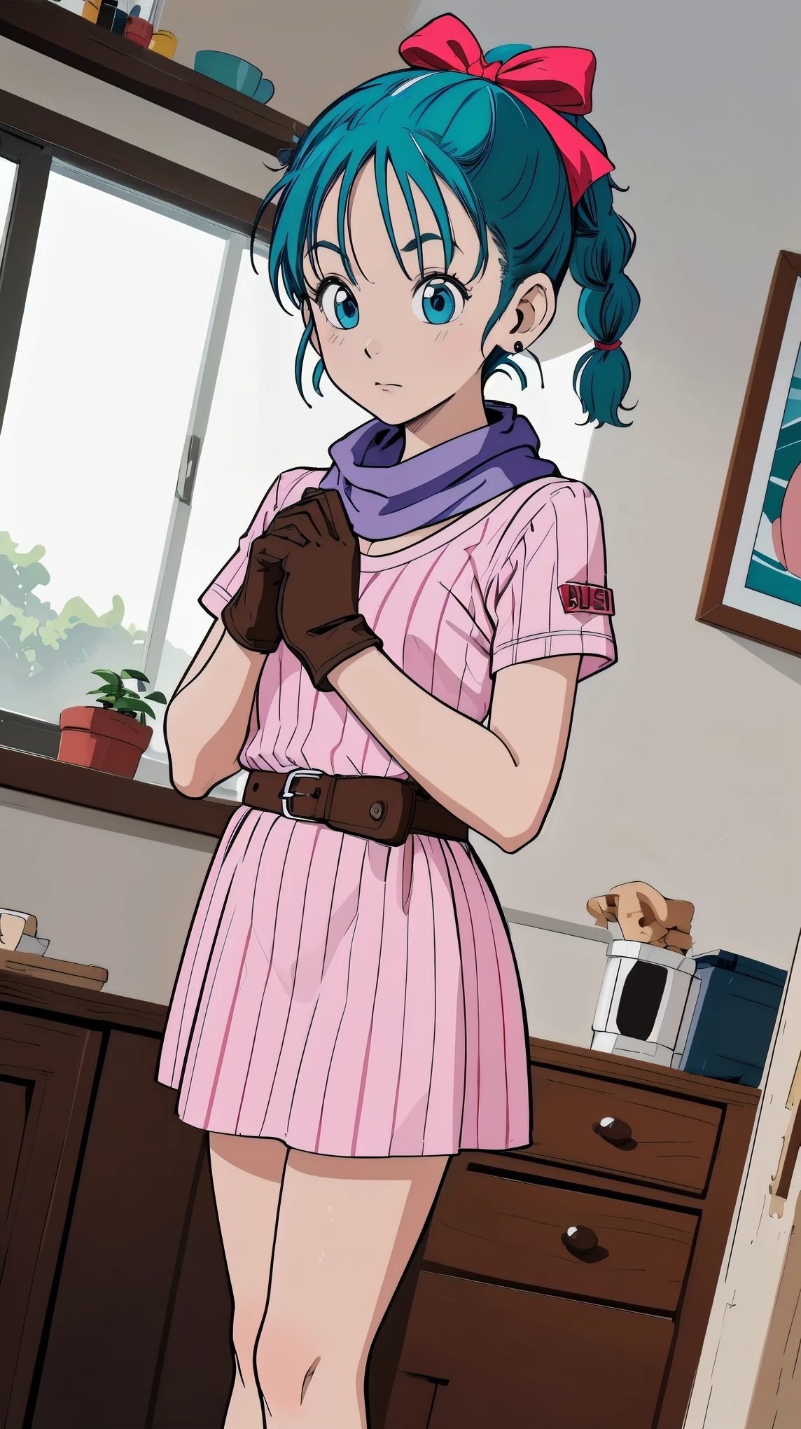 (masterpiece, Best Quality), One girl, Bloomers, One girl, Alone, blue eyes, Blue Hair, Aqua Hair, single braid, Braided Ponytail, hair ribbon, Red ribbon, Hair Ribbon, Earrings,, Short dress, Pink Dress, Vertical striped dress, Short sleeve, belt, clothes writing, Brown gloves, One-handed gloves, Purple scarf,