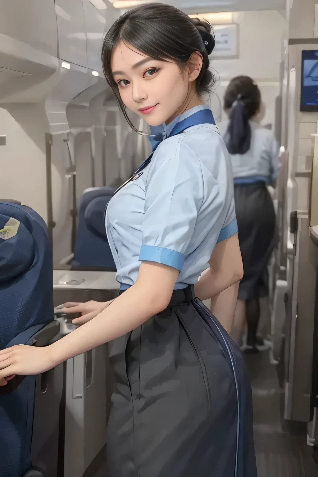 (masterpiece:1.2, Best Quality:1.2), 32K HDR, High resolution, (Alone、1 girl)、(On the roof of a building during the day、Professional Lighting)、Building rooftop background、(ANA stewardess uniform blueを着たリアルスタイル)、((ANA stewardess uniform blue short sleeve blouse 、 ANA stewardess uniform blue skirt with blue line on the back、Scarf around the neck))、Dark brown hair、(Long Hair、Hair tied up、Hair tied up)、Dark brown hair、Long Shot、Big Breasts、Thin legs、((Great hands:2.0)),((Harmonious body proportions:1.5)),((Normal limbs:2.0)),((Normal finger:2.0)),((Delicate eyes:2.0)),((Normal eyes:2.0)))、smile、(A beautiful back view showing the ANA stewardess uniform blue)、Hands down