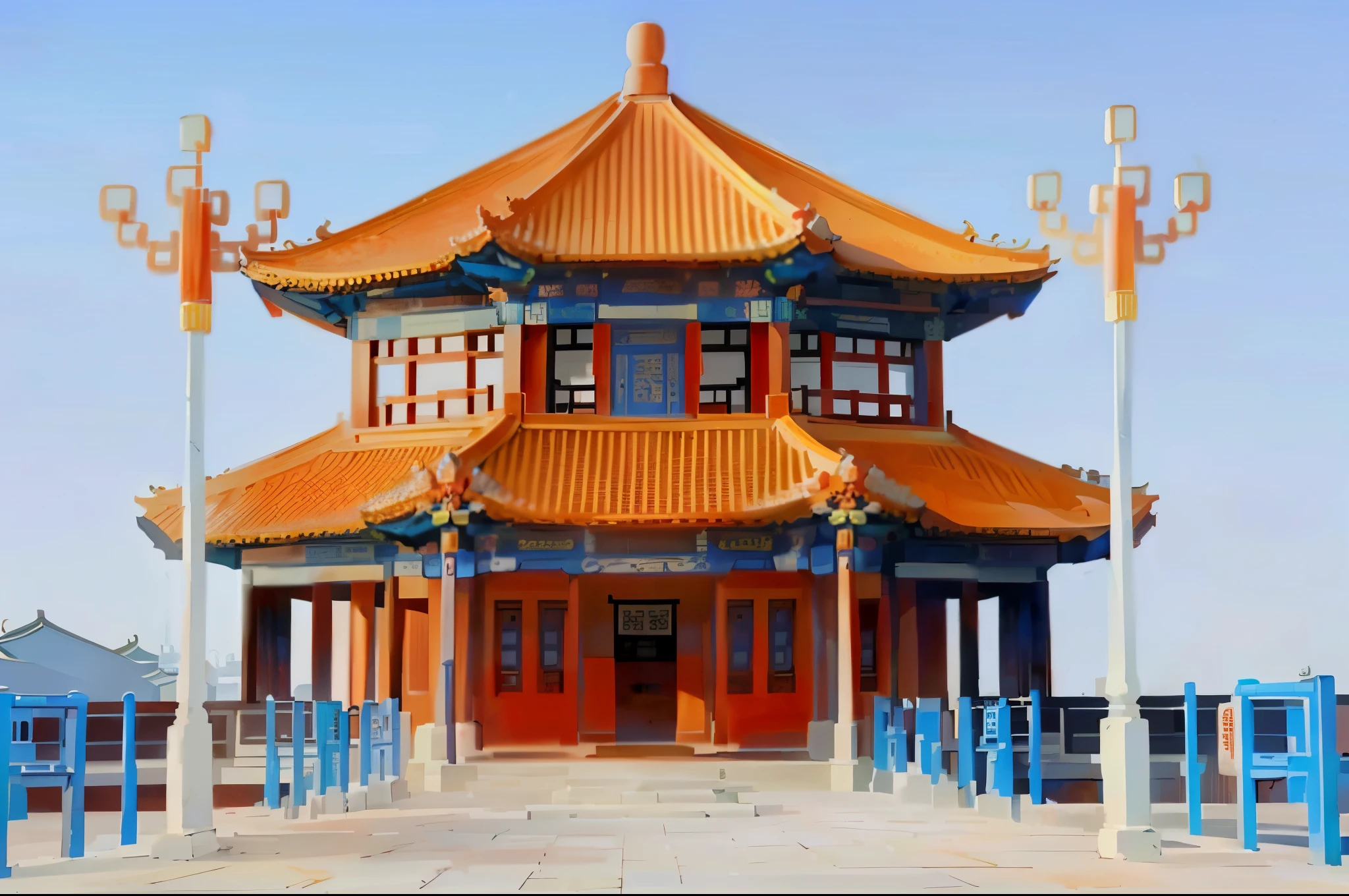 A building with a red roof and blue railings, Chinese building, ancient Chinese architecture, Chinese architecture, Chinese temple, Buddhist temples, style of architecture, with a Chinese temple, Chinese palace, Buddhist architecture, Taoist temple and monks, Baotou China, pagoda, Chinese heritage, Beijing, Pavilion, New China, Chinese style, Chinese