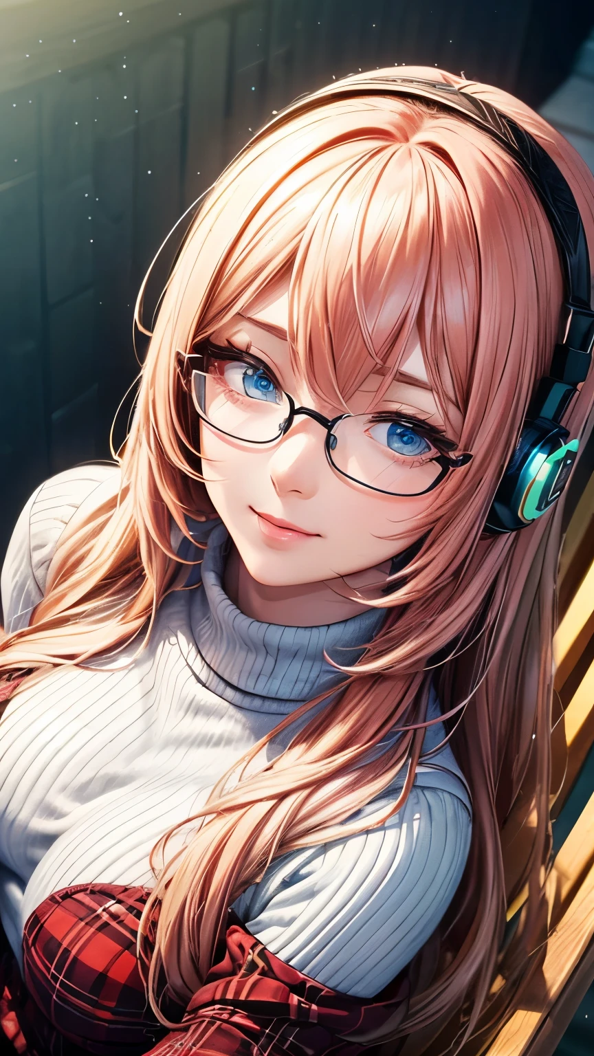 Megurine Luka，Pink long hair，((headphones，White turtleneck long sleeve knit，Red tartan check long skirt，Red frame glasses))，((Clear blue eyes))，((4K，8k，CG Unity，Masterpiece，masterpiece，Best Quality:1.5))，Official image，Perfectly correct anatomy，((Realistic:1.2))，Bust Up，((Looking at the camera with a gentle smile:1.17))，((sitting in a rocking chair))，The most beautiful woman in the world，A soothing expression，Supermodel，Beautiful and detailed skin texture，Beautiful Lips，Very detailed acrylic painting，Very beautiful and smooth hair，Professional Lighting，Perfectly correct hand shape，Intricate details