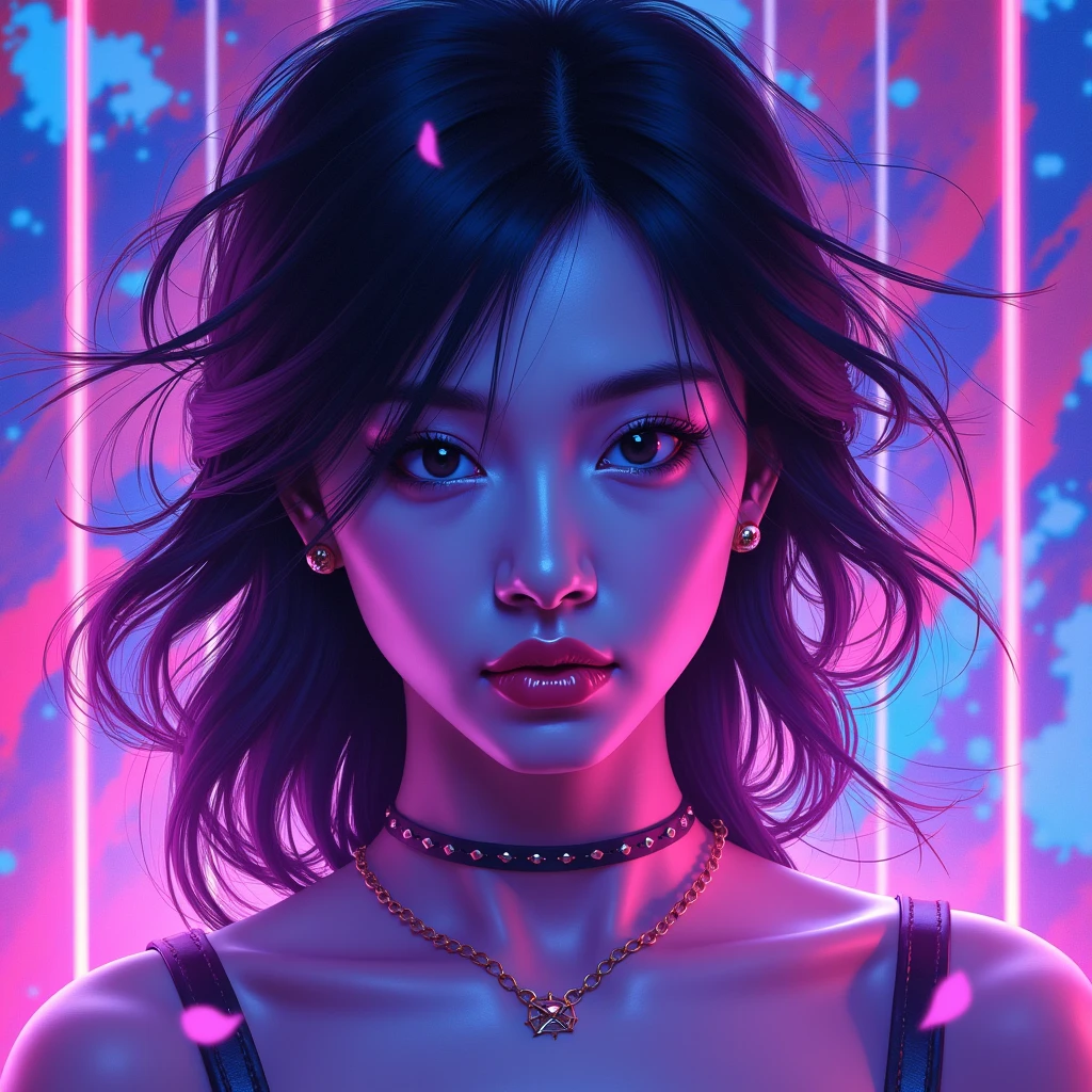 Female portrait, neon splash art, vibrant surreal colours
