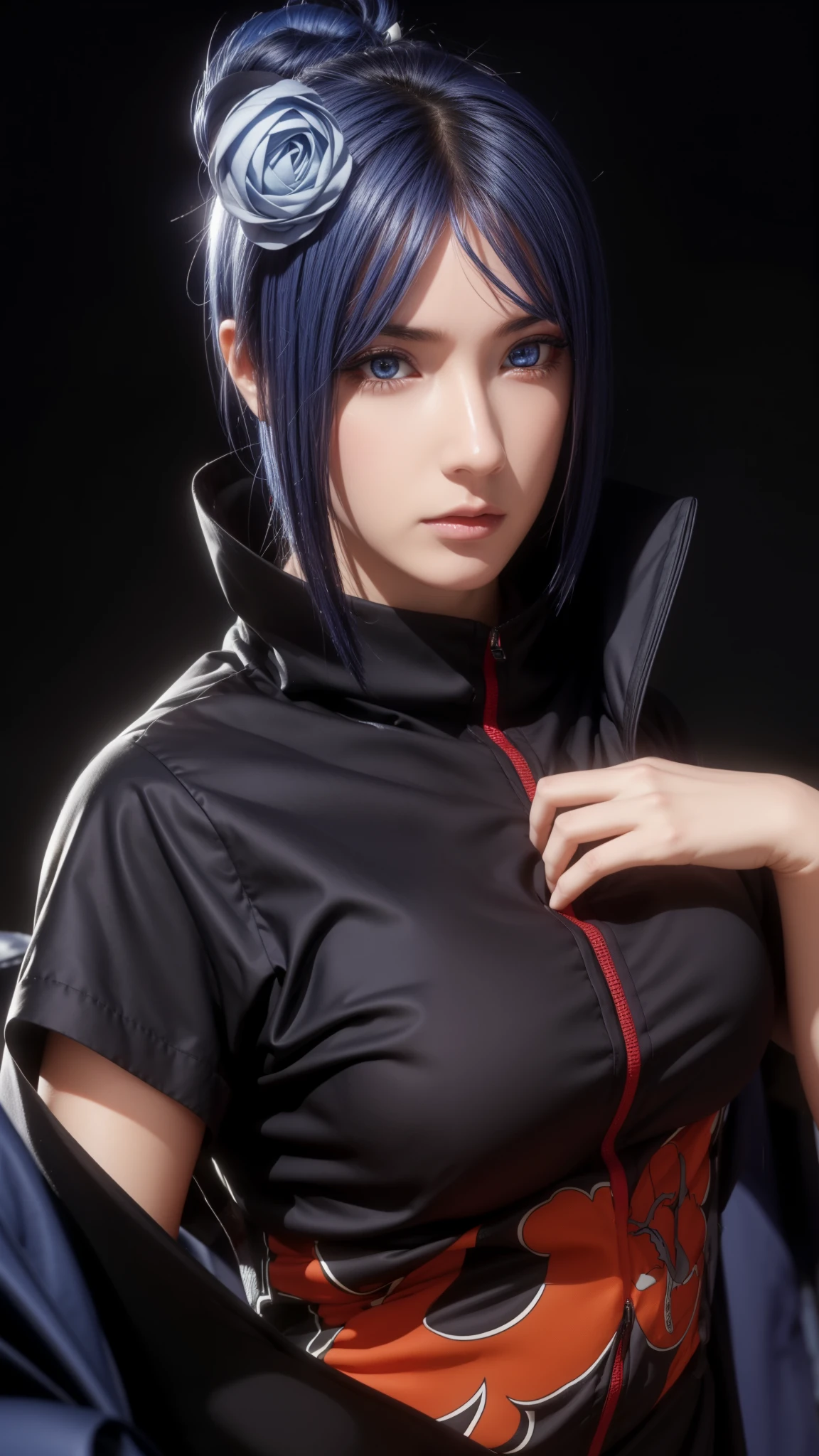 konan, konan, short hair, hair ornament, blue hair, flower, hair flower, (orange eyes:1.2), (labret piercing:1.2), eyeshadow,
BREAK coat, robe, sexy black bra set, akatsuki motif, \(naruto\),
BREAK outdoors, forest, nature, sky, clouds, sun,
BREAK looking at the viewer,
BREAK (masterpiece:1.2), best quality, high resolution, unity 8k wallpaper, (illustration:0.8), (beautiful detailed eyes:1.6), highly detailed face, perfect lighting, highly detailed CG, (perfect hands, perfect anatomy),