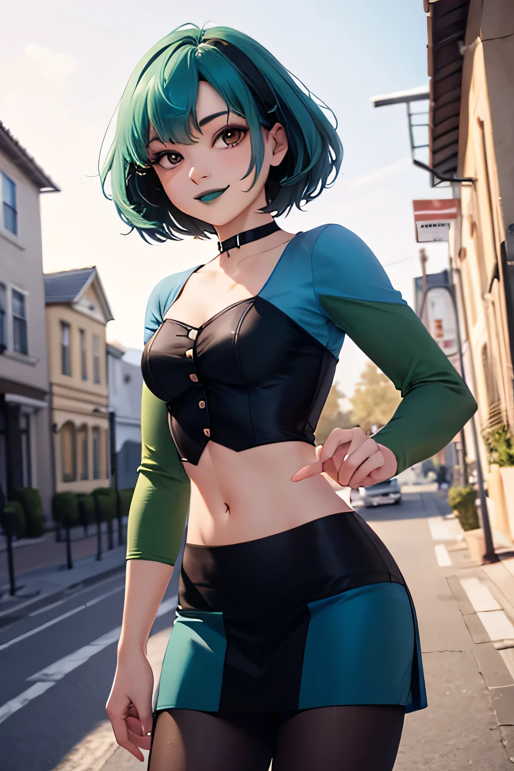 (masterpiece), best quality, detailed,Super high quality,perfect anatomy,beautiful light and shadow, ,Beautiful pale skin , perfect face, perfect eyes ,1girl, gwentd, smiling to camera, high quality, 8k digital painting, perfect hands, perfect fingers, SFW, scenary, two-tone hair, makeup, green lips, choker, crop top, long sleeves, midriff, skirt, pantyhose, suburban street at noon,