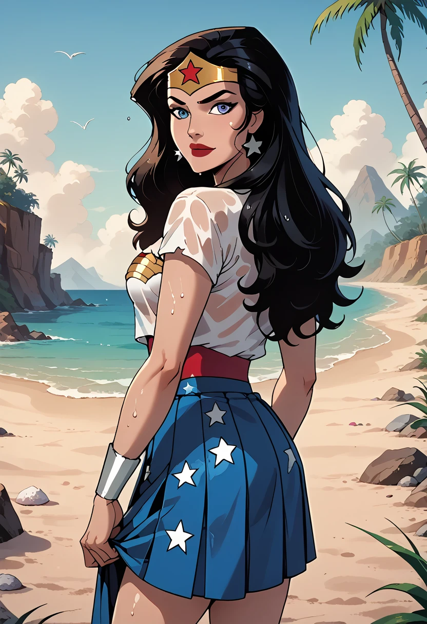 nsfw, masterpiece, best quality, 1 , wonder woman, black hair, long hair, hair band, blue eye, pleated skirt, (short white blouse), Looking back, skirt lifted, in this, smile, makeup, wet, lipstick, Alone, sand, mar, tropical island background