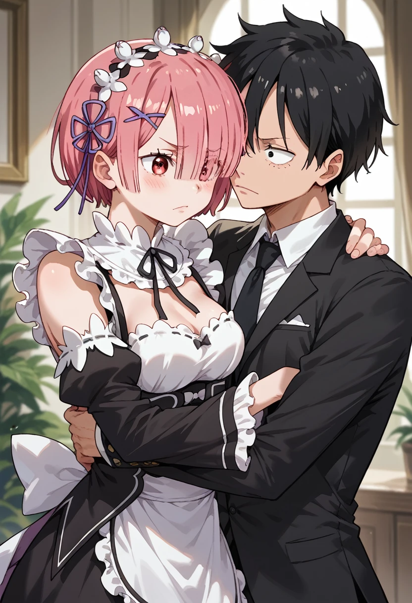 Luffy black suit black pants black tie black hair black eye hugging, ram\(re:zero\) 1 girl, roswaal mansion short hair, ribbon, hair ornament, pink hair, maid, hair ornament x_, breasts