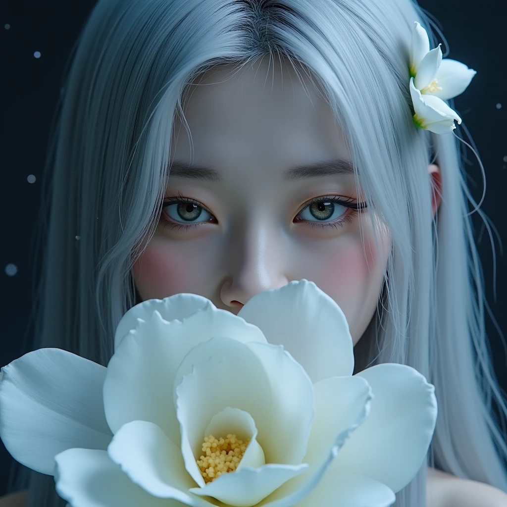 (dreamscape:1.5), (ethereal:1.5), Close-up portrait of a female character with long silver hair, asian, hair ornament, white eyes, her face is partially obscured by a large white flower, pale skin, dark shadows, atmospheric haze, limited palette, low key, highly dramatic lighting, (light particles), highlighting the contours, vibrant surreal colours