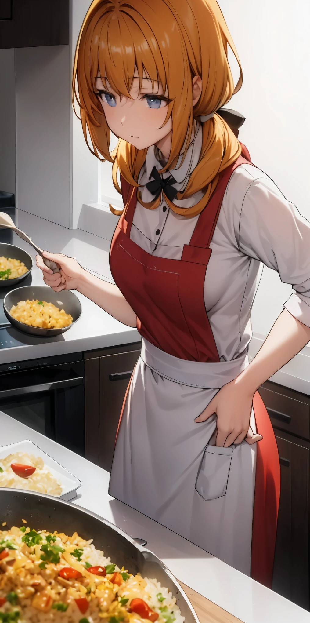 Create a virtual female chef who is stirring fried rice at the stove. and wears a red chef's shirt and chef's hat on a white background