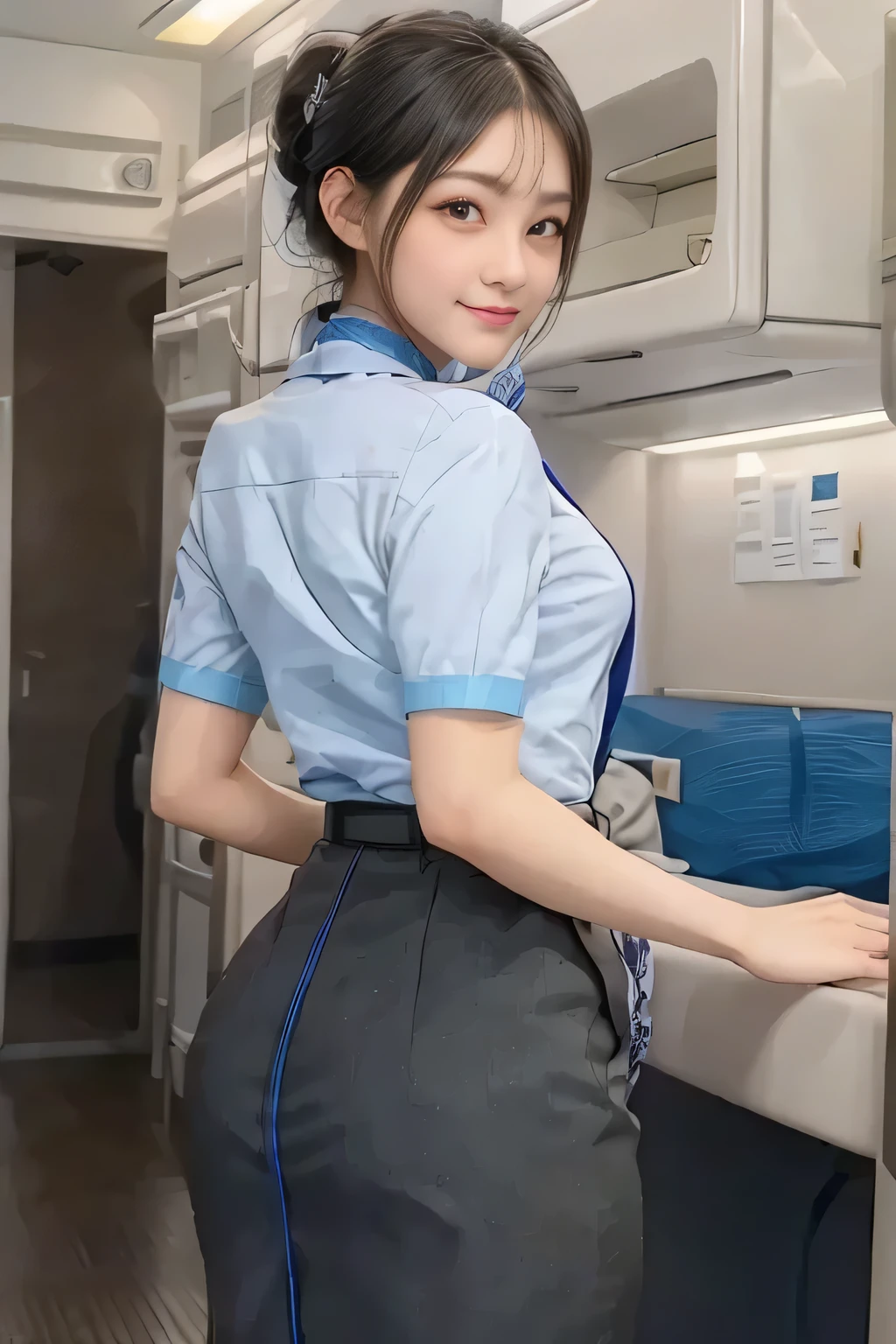 (masterpiece:1.2, Best Quality:1.2), 32K HDR, High resolution, (Alone、1 girl)、(on board、Professional Lighting)、In-flight background、(ANA flight attendant uniform blueを着たリアルスタイル)、((ANA flight attendant uniform blue short sleeve blouse 、 ANA flight attendant uniform blue skirt with blue line on the back、Scarf around the neck))、Dark brown hair、(Long Hair、Hair tied up、Hair tied up)、Dark brown hair、Long Shot、Big Breasts、Thin legs、((Great hands:2.0)),((Harmonious body proportions:1.5)),((Normal limbs:2.0)),((Normal finger:2.0)),((Delicate eyes:2.0)),((Normal eyes:2.0)))、smile、(ANA flight attendant uniform blueを見せた美しい後ろ姿)、Hands down