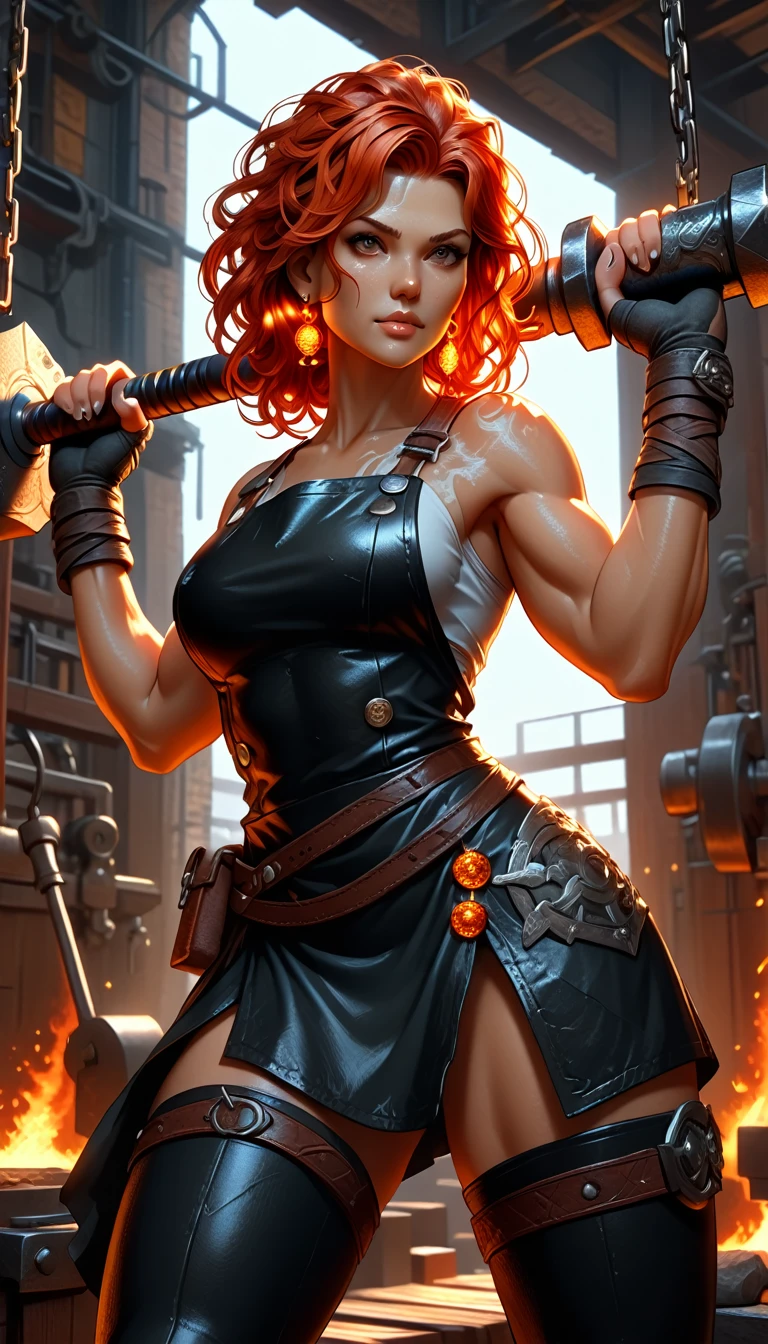 1woman, goddess of the forge, Hephaestus, ((blacksmith woman)), middle-aged woman in her 40s, ((high resolution)), intricately detailed facial features, detailed piercing eyes, refined jawline, masterpiece, 8k, UHD, HDR, ((hyper realistic)), overhead swing pose, cinematic lighting, dramatic shadows, warm color tones, intricate details, hyper-detailed, toned muscle physique, ((wavy hair like a burning ember_red at the center_black at the ends_medium length)), burn scars on chest and arms, (wearing leather apron, apron with glowing symbols), (button up shirt (tight, black)) , (leggings_skintight_white), (flat heeled black work boots), ((swings a huge smithy hammer in one hand over her head)), smith's hammer glows, standing in front an angelic anvil, (set inside a massive automated factory:1.37), battle hammer, (spl1th41r, two tone hair)