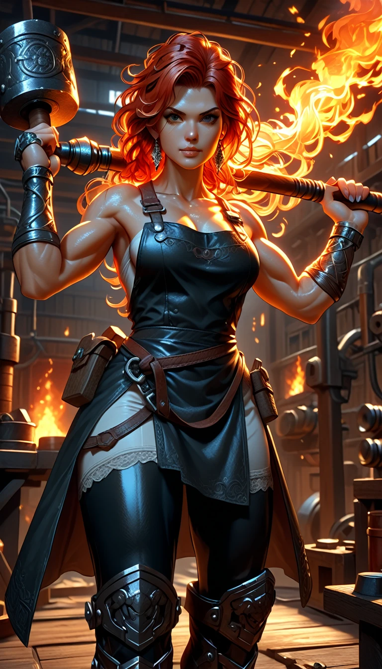 1woman, goddess of the forge, Hephaestus, ((blacksmith woman)), middle-aged woman in her 40s, ((high resolution)), intricately detailed facial features, detailed piercing eyes, refined jawline, masterpiece, 8k, UHD, HDR, ((hyper realistic)), overhead swing pose, cinematic lighting, dramatic shadows, warm color tones, intricate details, hyper-detailed, toned muscle physique, ((wavy hair like a burning ember_red at the center_black at the ends_medium length)), burn scars on chest and arms, (wearing leather apron, apron with glowing symbols), (button up shirt (tight, black)) , (leggings_skintight_white), (flat heeled black work boots), ((swings a huge smithy hammer in one hand over her head)), smith's hammer glows, standing in front an angelic anvil, (set inside a massive automated factory:1.37), battle hammer, (spl1th41r, two tone hair)