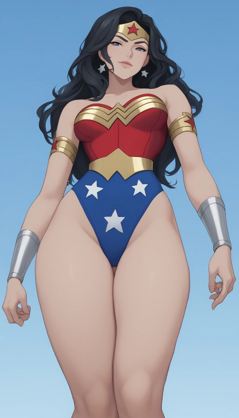 score_9, score_8_below,
wonder woman, black hair, long hair,  blue eyes, (the hair covers the eye:1.1), ,exposed legs,thick thighs,wonder woman leotard, Knee high,shiny oily skin,
Selfie,focus only, half-closed eyes, smiling, low angle portrait, UHD, blue sky