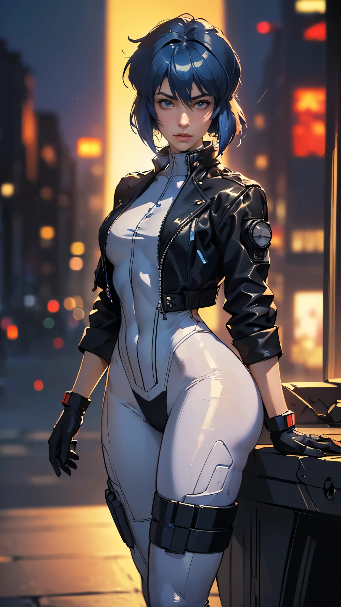 (A woman),(Kusanagi Motoko:1.5),(((Special forces women standing:1.5))),((White Tactical High Leg Bodysuit:1.5)),((Black jacket:1.5)),(Black Gloves:1.5),(Serious:1.5),(short hair:1.5),(((Blue Hair:1.5))),(beautiful eyes:1.3),(Very detailedな顔:1.5),((Very detailed drawing of a female hand:1.5)),((muscular:1.5)),(Sexy appearance:1.5),((Thick thighs:1.5)),(Beautiful Body:1.5),((Very sensual:1.5)),(Skyscrapers background at night:1.5),(Cyberpunk atmosphere:1.5),(((Blurred Background:1.5))),(Written border depth:1.5),rest(((masterpiece:1.5),(best quality:1.5),(Very detailed:1.5),(high resolution:1.5),(Practical:1.5),(Practical:1.5),(Delicate depiction),(Carefully drawn))),8k,wallpaper