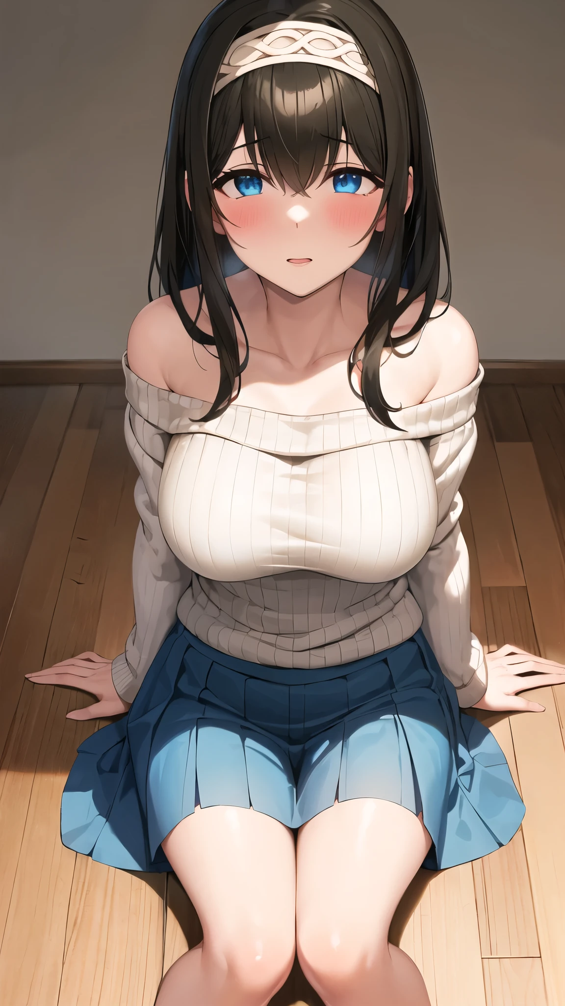 ((((Paizuri under Clothes)))), ((throw, 1 boy, penis is between breasts, paizuri)),throw,8k,Best Quality,masterpiece, Best Quality, High resolution, 1 girl, Alone,bb Fumika, The Idolmaster,valley,Long Hair, Hairbands, clavicle, Clevis, Off-the-shoulder sweater, White Sweater, Blue Skirt ,Large Breasts ,(Feeling embarrassed),mbarrassed,breasts focus,