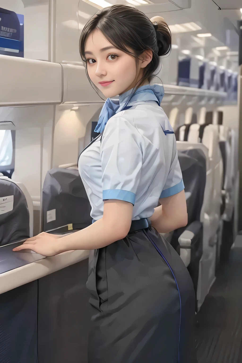 (masterpiece:1.2, Best Quality:1.2), 32K HDR, High resolution, (Alone、1 girl)、（on board、Professional Lighting）、In-flight background、（ANA flight attendant uniform blueを着たリアルスタイル）、（（ANA flight attendant uniform blue short sleeve blouse 、 ANA flight attendant uniform blue skirt with blue line on the back、Scarf around the neck））、Dark brown hair、（Long Hair、Hair tied up、Hair tied up）、Dark brown hair、Long Shot、Big Breasts、Thin legs、（（Great hands：2.0）），（（Harmonious body proportions：1.5）），（（Normal limbs：2.0）），（（Normal finger：2.0）），（（Delicate eyes：2.0）），（（Normal eyes：2.0））)、smile、（ANA flight attendant uniform blueを見せた美しい後ろ姿）、Hands down