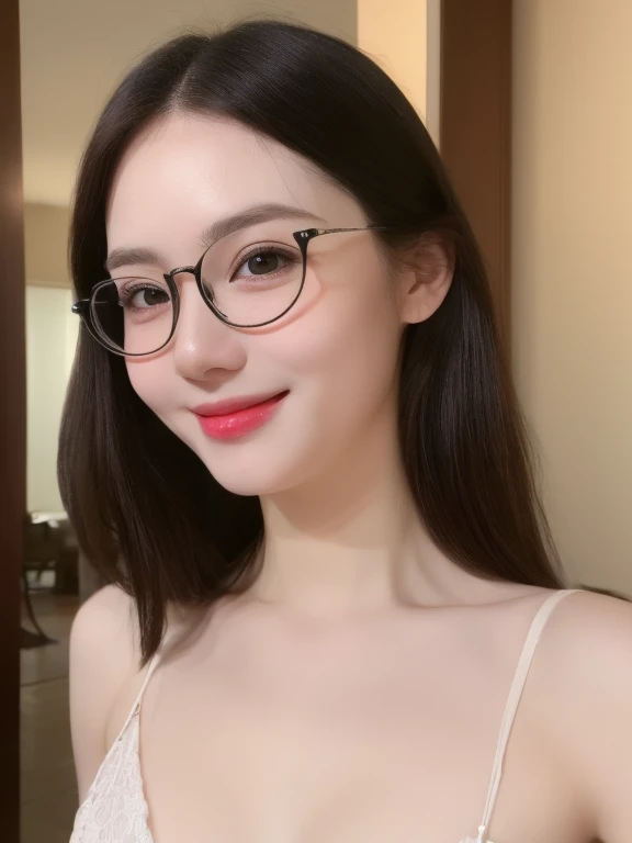 (Realistic、masterpiece、best quality、8K、high resolution、high resolution:1.3)、1 glasses girl、smile, red lips, Gigantic breasts、white bikini、pale white skin、looking at viewers、supene face and eyes、long hair、indoor、 upper body、