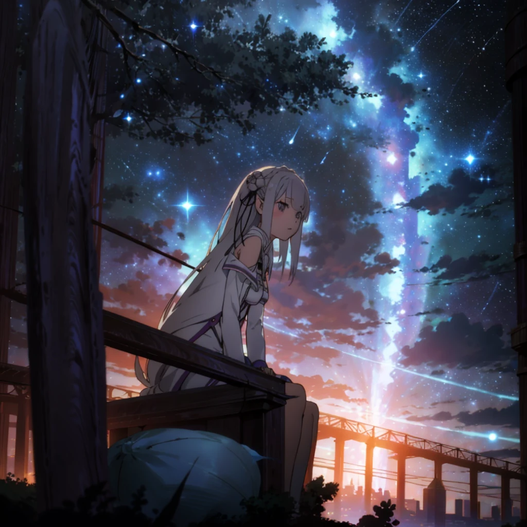 sky, star (sky), scenery, starry sky, night, 1girl, night sky, solo, outdoors, building, cloud, milky way, sitting, tree, long white hair, city, silhouette, cityscape, umbrella 