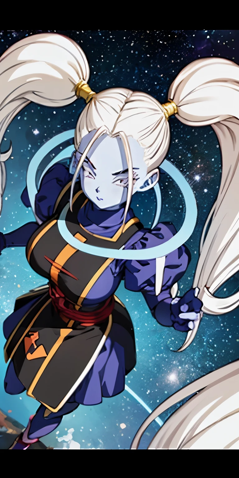 1 Female,High definition,high resolution,Ultra-realistic,8K, Marcarita (Angel of Universe 11), blue skin, twintails, long twintails, colored skin, white hair, purple eyes, long hair, 1girl, arm behind back, makeup, purple lips, long sleeves, lipstick, dragon Ball super, large breasts,European,sexy,Upper body close-up,Photographed from the front,Dynamic Angles,(blush), (medium tits),full body