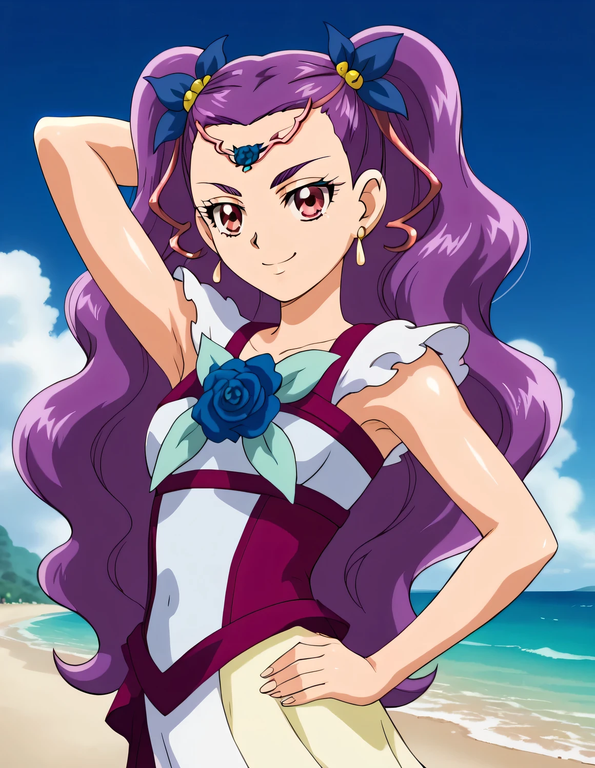 milkyrose, shiny skin, high quality, closed mouth, looking at viewer, showing armpit, looking at viewer, solo, {contrapposto}, spread armpit, arm behind head, hand on hip, smile, looking at viewer, cowboy shot, closed mouth, night sky, beach, best quality,