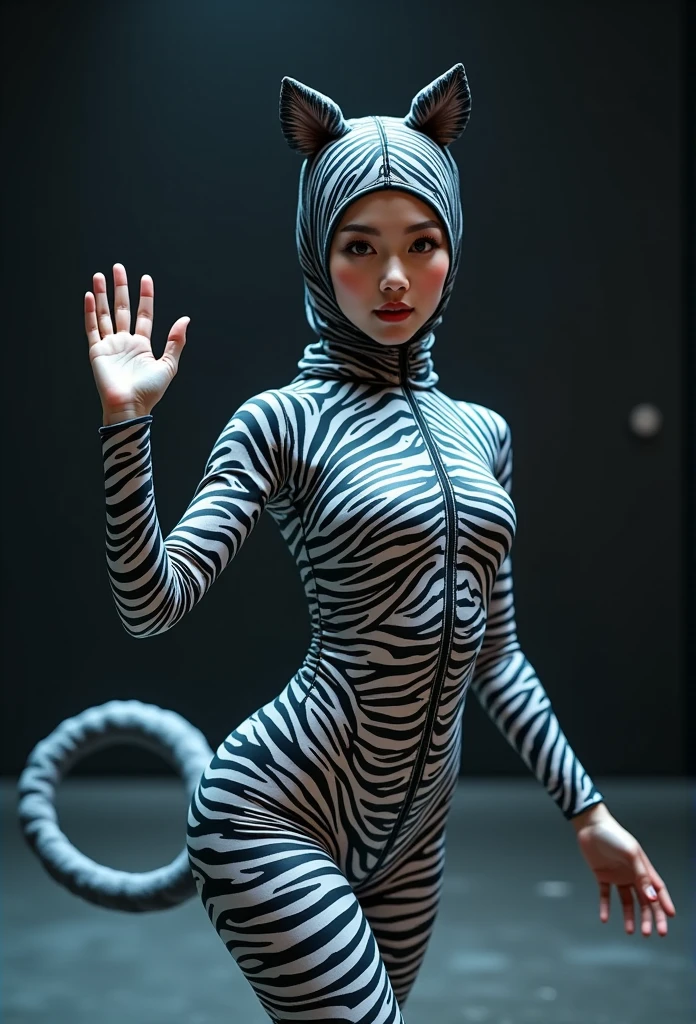 A beautiful asian fourty two  Asian Muslimah woman girl with beautiful cheeks wears zebra print lycra dancewear long sleeved turtleneck unitard catsuit covered with seamless stripes.She has a tail.She wears zebra print dancewear lycra elastane inner cap-like swimming cap-like costume hijab covered with seamless stripes.She performs as the flexible performance woman to wave goodbye with one hand.