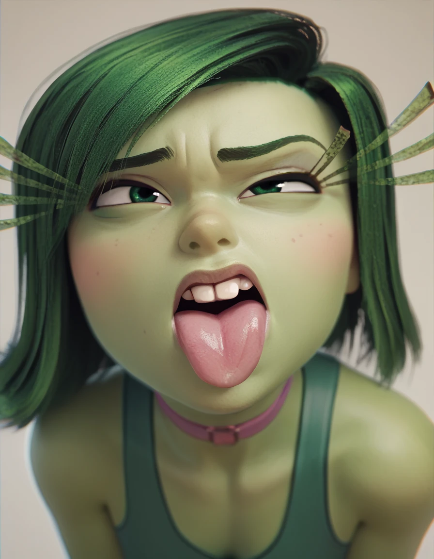 pov, Vicky from fairly odd parents, lime green shirt, pink eyes, ponytail, penis on face, foreskin, half-closed eyes, open mouth, saliva, 3d, slim, cum on face