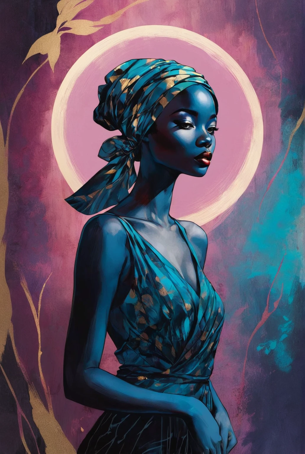 chiaroscuro technique on sensual illustration of an elegant african woman, vintage ,silky eerie, matte painting, by Hannah Dale, by Harumi Hironaka, extremely soft colors, vibrant, pastel, highly detailed, digital artwork, high contrast, dramatic, refined, tonal, golden ratio