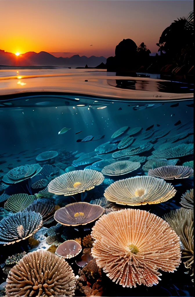 waterline style, beautiful coral reef, golden hour, sunrise 